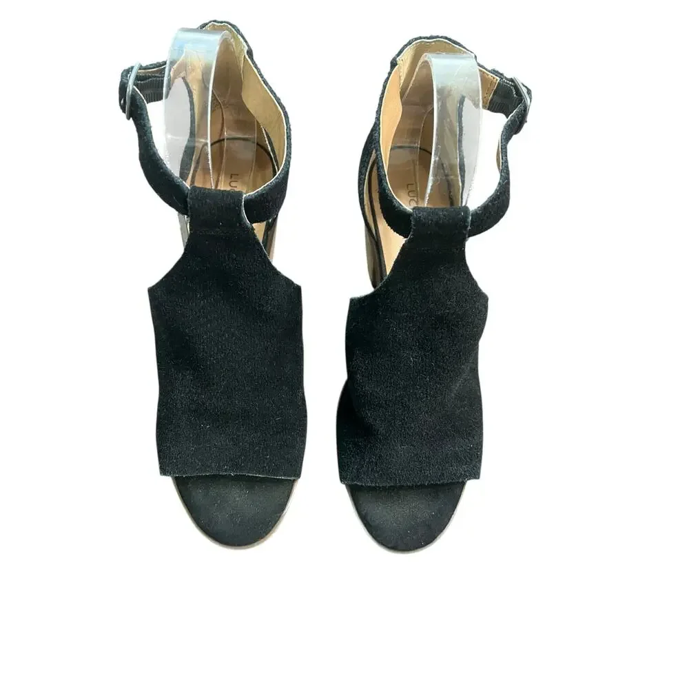 Lucky Brand Baxley Black Suede Peep Toe Stacked Heel Sandal Womem's Size 8.5